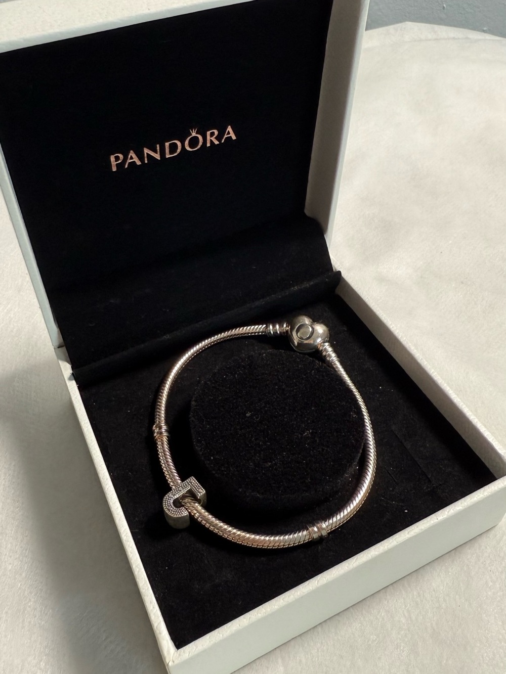 Pandora Silver Snake Chain Bracelet with Heart Clasp and Sparkle Lock